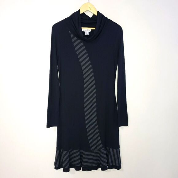 Joseph Ribkoff Dresses & Skirts - Joseph Ribkoff Size 8 Black Grey Long Sleeve Cowl Neck Striped Ruffle Hem Dress